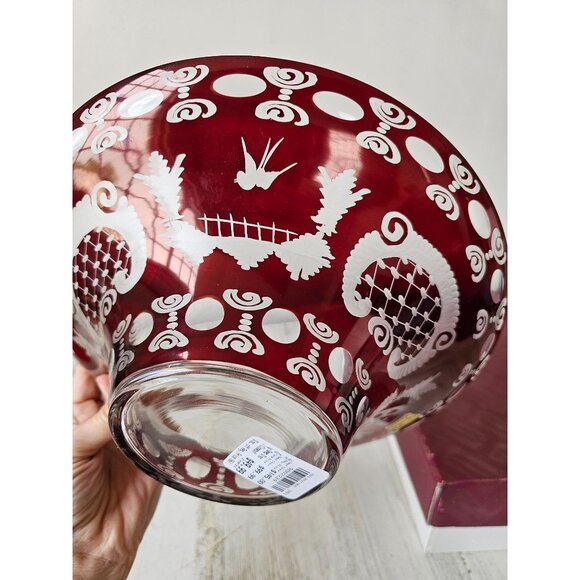 Egermann flair bowl Ruby red cut Bohemian glass deer scene building new - Picture 8 of 9